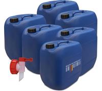 set plasteo® de 6 bidons d'eau de 30 litres bleu avec 1x robinet AFT | Convient pour aliments | Sans BPA | Stockage et transport | Homologation UN
