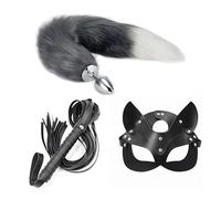 Set Plug Anal Queue de Renard avec Masque et Fouet - Plug Métallique à Queue en Peluche, Masque Renard et Mini Fouet Simili Cuir, Accessoires Cosplay et Jeu de Rôle Adulte