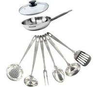 Fackelmann 9439950 Set poêle 20 cm en inox 18/8, Couvercle verre et 6 ustensiles inox, Poêle tous feux, Poêle induction, Poêle sans PFAS, Manche riveté, Inox, Verre, 20 cm