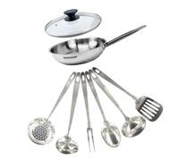 Set poêle 24 cm en inox, couvercle verre et 6 ustensiles inox Eterna Fackelmann