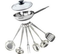 Fackelmann 9440050 Set poêle 24 cm en inox 18/8, Couvercle verre et 6 ustensiles inox, Poêle tous feux, Poêle induction, Poêle sans PFAS, Manche riveté, Inox, Verre, 24 cm