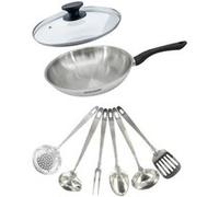 Set poêle 28 cm en inox, couvercle verre et 6 ustensiles inox Fackelmann Geneva Inox|Noir