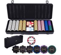 Engelhart - 320960 - Set Poker Complet - Mallette en métal Noire - 500 jetons 14g sans numéro + 2 Jeux de Cartes, 1 Bouton de Croupier, 5 dés - Coffret de Jeu de Poker et Accessoires