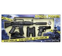Set Police Forces speciales Metal Noir 8 Coups : Fusil mitraillette + Pistolet + Accessoires (Insigne, Etui) - Set Jeu Imitation Enfant et Carte Tigre