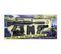 Set police forces speciales swat metal noir 8 coups : fusil mitraillette + pistolet + accessoires (jumelles insigne etui) - jeu imitation enfant Noir