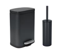 Spirella - Set Poubelle à Pédale + Brosse WC en Acier AKIRA - Fermeture Douce Easy-Close, Revêtement Anti Trace de Doigts - 21,4 x 17,6 x 30 cm - 5L - Noir Mat