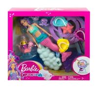 Set pour Barbie poupée sirène + bébé + Hippocampe + otarie + Poulpe + manège + 2 Accessoires - poupée Mannequin + 1 Carte Animal