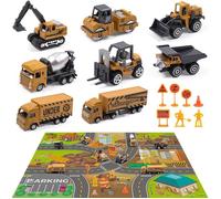 Set pour Camion de Chantier Tapis de Jeu, 8 Mini Vehicules de Construction et 8 Panneaux Routiers, Jouet de Voiture de Chantier