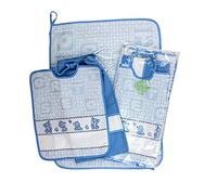 Set pour école maternelle à broder ourson 3 pièces : bavoir éponge avec élastique 28 x 32 cm, serviette 40 x 55 cm et sac 34 x 38 cm : toile - coton 100 % fabriqué en Italie (bleu clair)