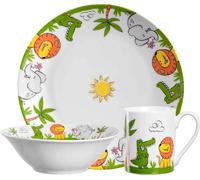 LEONARDO HOME Bambini 023152 Service de table pour enfant 3 pièces, en porcelaine de qualité supérieure, passe au lave-vaisselle, au micro-ondes, robuste, avec motifs d'animaux lion, éléphant,