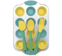 Fackelmann 44897 Set pour mini cupcakes 16 pièces enfants avec spatule, cuillère, pinceau, moule 12 empreintes et 12 caissettes, Silicone, Acier au carbone, Bleu, Vert, Jaune, Gris, De 5 cm à 30 cm