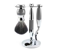 Set Rasage 3 Pièces - Chromé et Gris - Blaireau à Poils Synthétiques Noirs + Rasoir Gillette Mach3 + Support 2 en 1