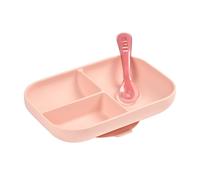 BEABA - Set repas silicone assiette compartimentée et cuillère - Pink
