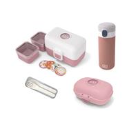 Set lunch box et boite à goûter enfants blanc/rose + accessoires Monbento