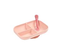 Set repas Silicone - Assiette compartimentée et cuillère 2ème âge Rose