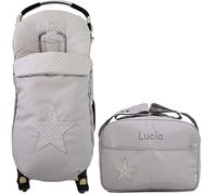 Set sac housse universel pour poussette+Sac à langer et organiseur grand PERSONNALISÉ avec le NOM. C'est disponible en plusieurs modèles et couleurs (Star Gris)