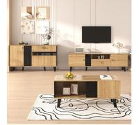 Set salon 3 pièces moderne bois et noir avec meuble TV, buffet et table basse, design élégant et grands rangements