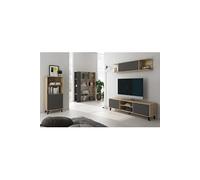 Set salon meuble TV + 1 etagere murale + Vitrine + bibliotheque coloris chene cambrian/graphite --