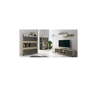 Set salon, meuble TV + 2 etageres murales + vitrine + bibliotheque coloris chene cambrian/graphite --