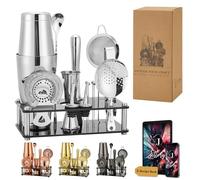Set Shaker Boston 16 Pièces - Kit Barman en Acier Inoxydable 304 avec Support Acrylique, Passoire, Cuillère, Jigger, Pilon, Pince à Glace, Verseurs et Picks à Cocktail (Argent)