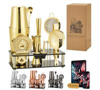 Set Shaker Boston 16 Pièces - Kit Barman en Acier Inoxydable 304 avec Support Acrylique, Passoire, Cuillère, Jigger, Pilon, Pince à Glace, Verseurs et Picks à Cocktail (Or)