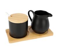 Set Sucrier Et Pot à Lait Céramique Avec Cuillère Et Plateau,Lait et de Sucre avec Couvercle,Accessoires de bar à Café,Pot de Rangement Pour Cuisine Compatible Micro-ondes Et Lave-vaisselle (Noir)