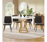 Set Table 80cm - 5 Pièces - Plateau Modèle De Marbre Blanc Pieds Or + 4 Chaises Velours Gris - Style Moderne Pour Cuisine/séjour