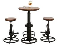 Set Table De Bar + 2x Tabourets De Bar Hwc-N20, Chaise De Bar Table Haute Réglable En Hauteur Pivotante Repose-Pieds Industrielle En Bois Brun Multicolore