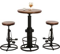 Set table de bar + 2x tabourets de bar HWC-N20, chaise de bar table haute réglable en hauteur pivotante repose-pieds industrielle en bois ~ brun