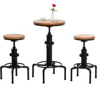 Set table de bar + 2x tabourets de bar HWC-N23, chaise de bar table haute réglable en hauteur pivotante repose-pieds fer industriel bois ~ naturel