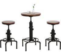 Set table de bar + 2x tabourets de bar HWC-N23, chaise de bar table haute réglable en hauteur pivotante repose-pieds fer industriel bois ~ brun