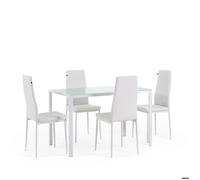 Set table ETTORE en verre trempé plus 4 chaises LIDIA en éco-cuir, idéal pour la salle à manger et cuisine (Blanc)