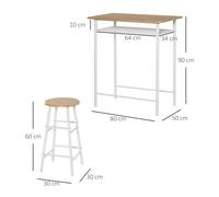 Set Table Haut HOMCOM Ensemble Salle à Manger avec 2 Tabourets MDF + Acier Étagère de Rangement Blanc + Chêne 80x50x90cm