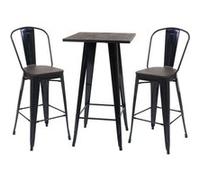 Set table mange-debout + 2x tabouret de bar HWC-A73, plateau en bois, design industriel, métal noir