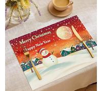 Set Table Noel Lavable, Napperon Happy New Year, Dessous Assiette de Table Bonhomme De Neige Maison, Applicable à Décoration de Vacances, 45 x 30cm, 6 pièces (Rouge Sang)