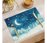 Set Table Noel Lavable, Napperon Lune Forêt, Dessous Assiette de Table Flocons De Neige, Applicable à Décoration de Vacances, 45 x 30cm, 6 pièces (Bleu Royal)