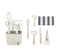 Set Ustensiles de Cuisine 6 Pièces avec Support, Kit Cuisine Complet avec Économe, Fouet, Ciseaux, Couteau, Ouvre-Bouteille et Torchon Microfibre, Plastique Sans BPA