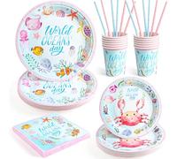 Set Vaisselle Jetable Animaux Marins World Oceans Day Anniversaire Enfant, Assiettes Plates Serviettes Gobelets Pailles Décoration Anniversaire Monde Sous-Marin Fille Garçon Océan Rose 12 Personnes