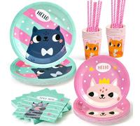 Set Vaisselle Jetable Chat Hello Anniversaire Enfant, Assiettes Plates Serviettes Gobelets Pailles Patte de Chat Décoration Anniversaire Thème Chaton Fille Garçon Rose Bleu 12 Personnes