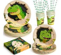Set Vaisselle Jetable Dinosaure Anniversaire Enfant Vert 12 Person | Assiettes Plates Serviettes Gobelets Pailles Décoration Anniversaire Thème Jurassique Dinosaure Garçon Fille