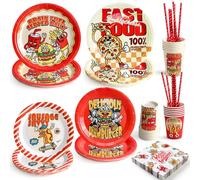 Set Vaisselle Jetable Fast Food Anniversaire Enfant, Assiettes Plates Serviettes Gobelets Pailles Décoration Anniversaire Thème Hamburger Frites Pizza Hot Dog Garçon Fille 12 Personnes