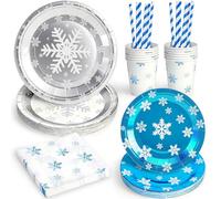 Set Vaisselle Jetable Flocon de Neige Anniversaire Enfant, Assiettes Plates Serviettes Gobelets Pailles Décoration Anniversaire Thème Hiver Bleu Argenté Fille Garçon 12 Personnes