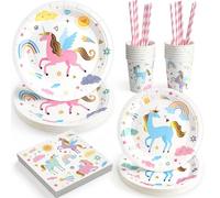 Set Vaisselle Jetable Licorne Anniversaire Enfant, Assiettes Plates Serviettes Gobelets Pailles Décoration Anniversaire Thème Licorne Arc-en-ciel Fille Garçon Multicolore 12 Personnes