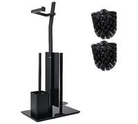 Set WC Toilettes avec Porte-Rouleau Et Brosse - Noir - Porte-Papier Toilette en Acier Inoxydable - Base en Verre -32X20X7 0Cm - Plus 1+2 Têtes De Brosse De Toilette De Rechange!