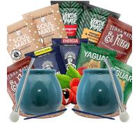 Set Yerba Mate Coffret Dégustation 10x50g - 2 Calebasse Céramique Turquoise 400ml, 2 Bombilla Paille Inox et Accessoires - Sélection Grandes Marques Brésil Paraguay Yaguar, Verde Mate, Guarani
