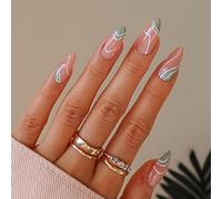 Sethexy Abstrait Stylet Faux Ongles Nu Rose Coller sur les ongles Ligne ondulée Faux ongles 24 pièces Acrylique De l'art Appuyez sur les pointes des ongles pour les femmes et les filles