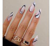 Sethexy Abstrait Stylet Faux Ongles Nu Rose Coller sur les ongles Ligne ondulée Faux ongles 24 pièces Acrylique De l'art Appuyez sur les pointes des ongles pour les femmes et les filles