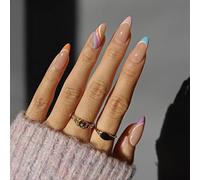 Sethexy Abstrait Stylet Faux Ongles Nu Rose Coller sur les ongles Ligne ondulée Faux ongles 24 pièces Acrylique De l'art Appuyez sur les pointes des ongles pour les femmes et les filles