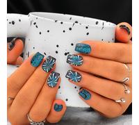 Sethexy Bleu Oeil de chat Fait à la main Ongles pressés Cercueil court Acrylique Faux ongles avec motif Brillant Peint à la main Salon Faux ongles pour femmes et filles 10PCS (Bleu4)