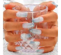 Sethexy Bleu Pierres précieuses Fait à la main Faux ongles Paillettes Oeil de chat Cercueil long Ongles à presser Arc en cristal 3D Faux ongles Ongles de qualité de salon pour femmes et filles(A)